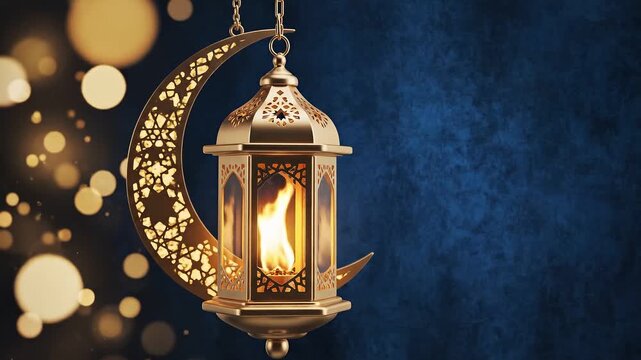 Beautiful lantern inside a golden crescent moon hanging on a chain