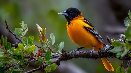 Fototapeta premium A colorful robin perched on a tree branch in spring showcases beautiful red feathers and a sharp beak