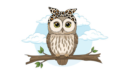 Obraz premium Stylish owl wearing a leopard print headband perched on a tree branch against a blue sky with soft white clouds in the background.