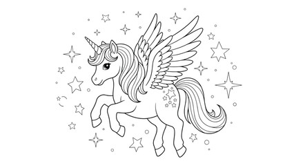 Majestic winged horse pegasus or unicorn flying through a starry sky surrounded by many twinkling stars in a line art drawing.