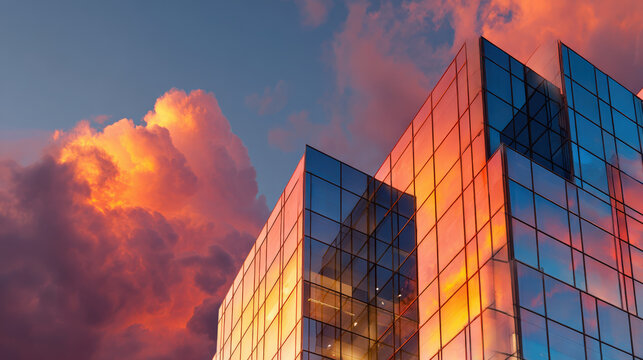 A building with a lot of glass windows and a cloudy sky in the background. The sky is orange and pink, giving the building a warm and inviting atmosphere