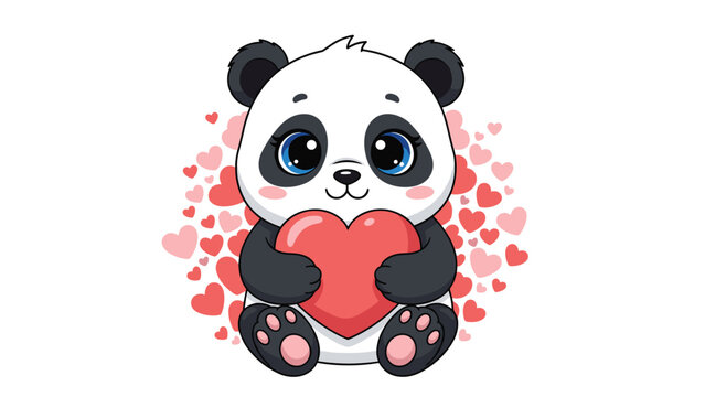 Adorable baby panda sitting and hugging a large red heart while surrounded by a background of many smaller floating pink hearts.