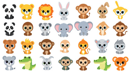 Obraz premium Large collection of twenty eight different cartoon baby animals including panda, lion, rabbit, monkey, elephant, and crocodile.