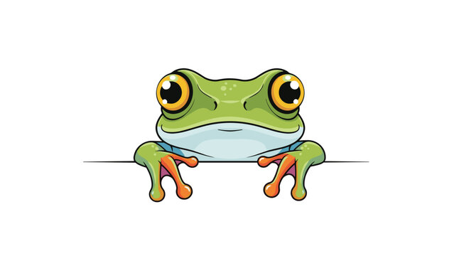 Cute green tree frog with large orange eyes peeking over a white horizontal border, isolated on a white background for design.