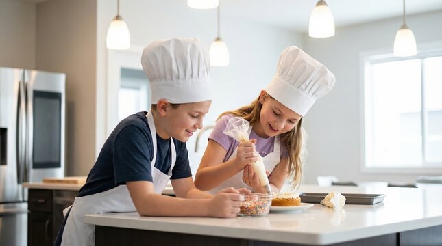 Happy boy and girl children wearing chef hats decorating a homemade cake on a modern kitchen island with copy space for a fun baking activity.