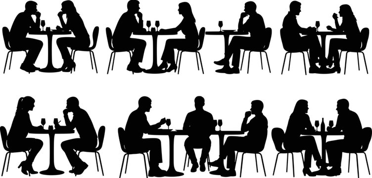 People sitting in restaurant silhouette, couple dining at cafe table vector, men and women talking in bistro, romantic dinner date illustration,people, restaurant, silhouette, vector, cafe, dining, co