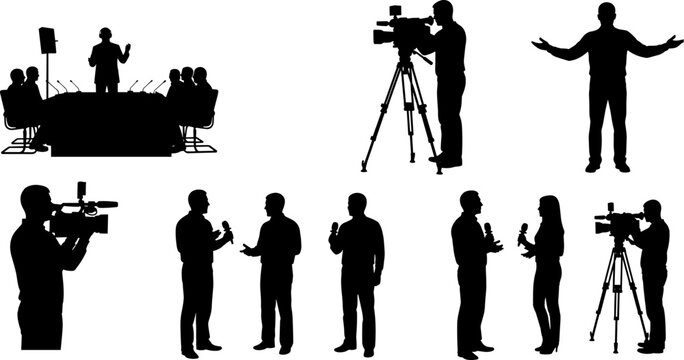 Journalists and camera crew silhouettes conducting interviews and broadcasting live news at a press conference or media event vector,