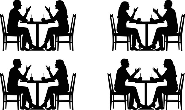 People sitting at cafe table silhouette, man and woman talking at restaurant, vector illustration couple dining, date night silhouette,