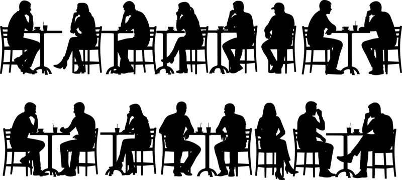 People sitting at cafe tables silhouette vector, restaurant customers silhouettes, dining people set, man and woman sitting at tables silhouette,