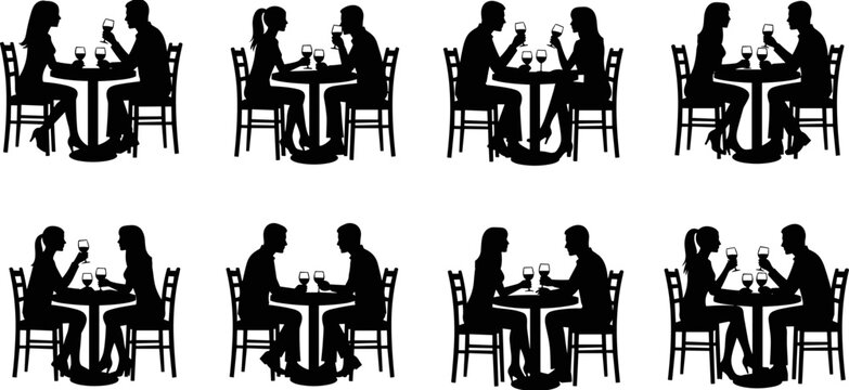 Couple having romantic dinner date silhouette, people sitting at restaurant table drinking wine, dating set, fine dining, anniversary, evening,silhouette, people, dinner, restaurant, date, couple, win
