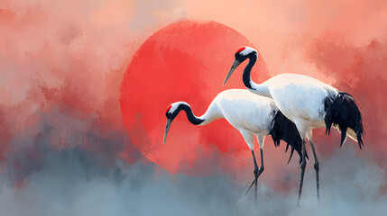 Fototapeta premium Serene Red-Crowned Cranes Against a Dramatic Red Sun