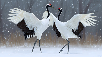Fototapeta premium Elegant Red-crowned Cranes Dancing in a Snowy Winter Landscape