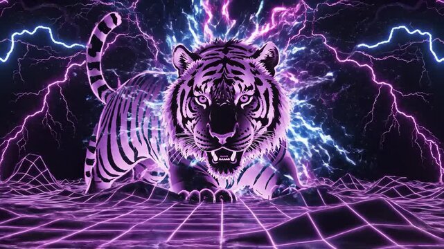 Retrowave tiger with neon lightning and grid landscape