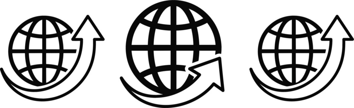 Global upload and download icon set with globe arrow symbols isolated vector collection