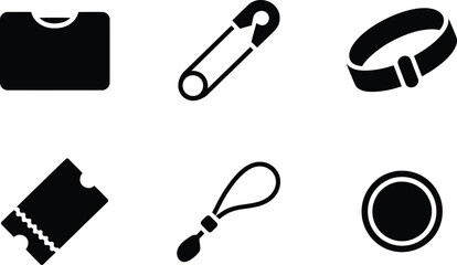 Fototapeta premium Six Black Icons Of Objects Including Safety Pin And Ticket On White Background bracelet lanyard