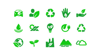 Obraz premium Set of green eco and environmental icons in flat design style. Includes recycling symbols, renewable energy, water conservation, organic products, eco transport, and sustainability elements.