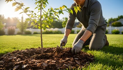 A dedicated man mulching around a young tree, nurturing its growth in a vibrant green backyard, embodying the environmental care and sustainability concept