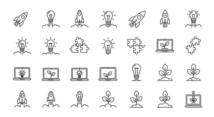 Fototapeta premium A grid of black and white line icons depicting rockets light bulbs puzzle pieces laptops and growing plants