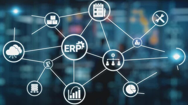 ERP icons show management, integration, and business process. ERP supports data management, ERP efficiency, and ERP organizational solutions. Gist