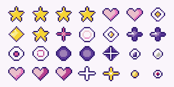 Colorful pixel art icons depicting stars hearts diamonds and crosses
