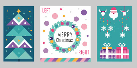 Naklejka premium Three festive christmas cards with geometric shapes and holiday illustrations