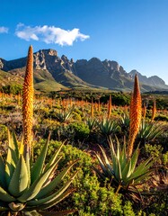 A serene desert landscape with aloe plants and mountains