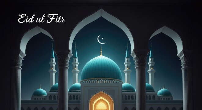 Eid mubarak wishes islamic eid al fitr celebration background with mosque arch