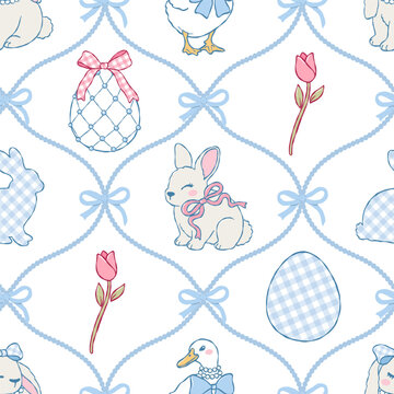 Coquette Easter Seamless Pattern, Blue Spring Tulip Digital Paper, Ribbon Bow and Pearl Fabric File, Elegant Easter Eggs Repeat Pattern Design Vector