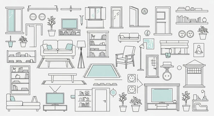 Interior Design Floor Plan Sketches With Furniture And Plants.