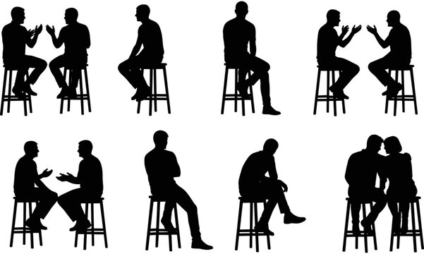 People sitting on high stools silhouette, men and women talking, group discussion, bar stools, socializing, isolated white background, communication, conversation.
