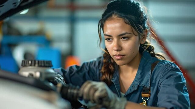 Focused female mechanic working on car engine in auto repair shop