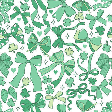 St. Patrick Ribbon Bows Seamless Pattern, St. Patricks Day Digital Paper, Lucky Fabric Files, Trendy Coquette Green Bows Repeat Pattern Design Vector
