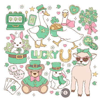 St. Patrick Animals Collection Vector, Kawaii Lucky Friends Doodle, Coquette Lucky Animals Hand Drawn Design Vector