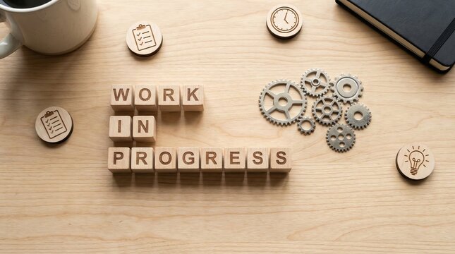 Wooden cubes spelling 'Work In Progress' beside gears on desk