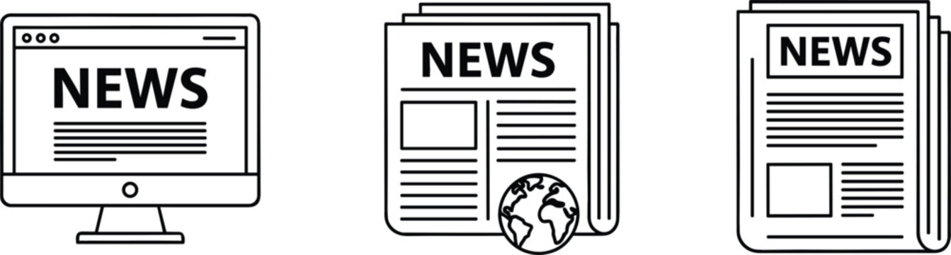 News Media Icons Set Online Newspaper And Global Journalism Symbols Vector Collection