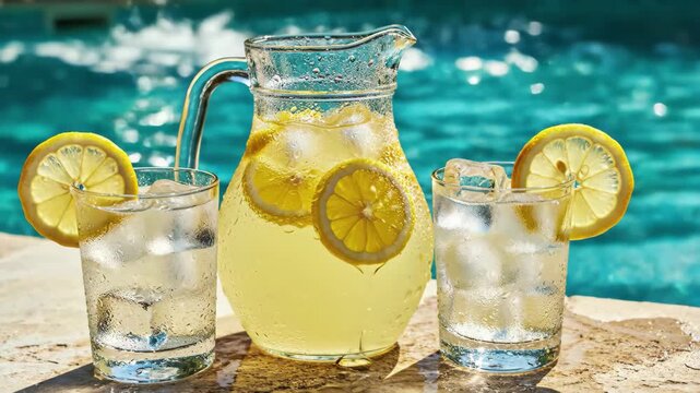 Pitcher and glasses of iced lemonade with lemon slices by a bright blue swimming pool
