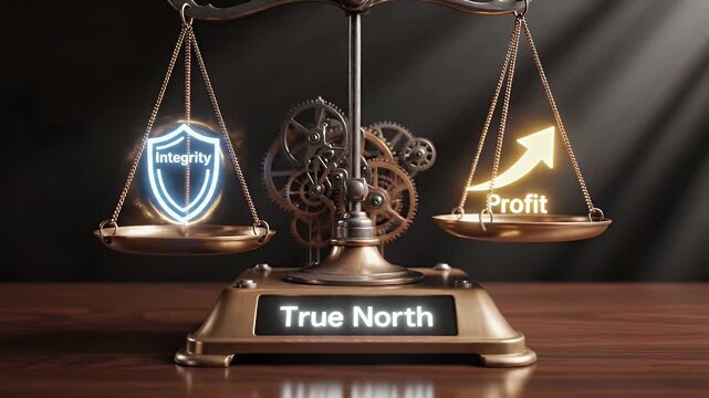 Conceptual balance scale showing integrity outweighing profit as true north