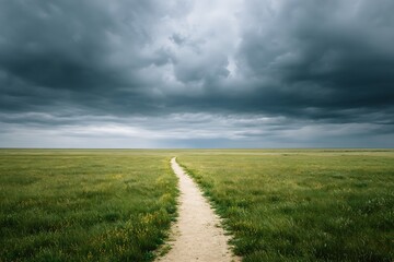 Fototapeta premium Path winding through green field under stormy sky