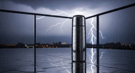 Fototapeta premium Metal Thermos on Rainy Balcony with Thunderstorm and Lightning