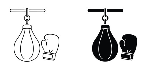 Boxing gloves with punching bag icon set, outline, solid and flat styles. Gym sport equipment symbol vector illustration isolated on light background © muni