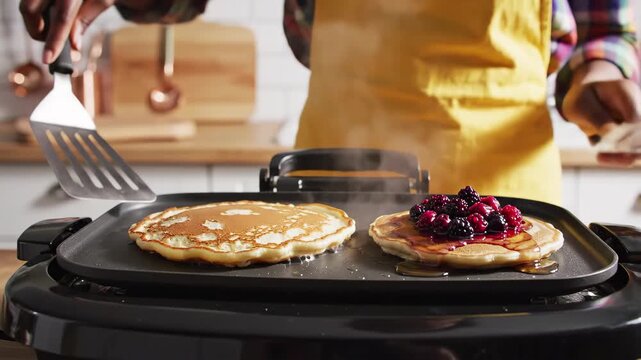 Flipping a fresh pancake onto a griddle with a berrytopped pancake already cooking