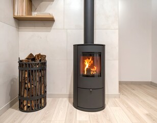 A cozy interior with a burning fireplace, stacked firewood, and minimalist shelving