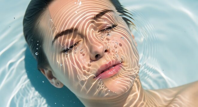 Close-up portrait of a woman with closed eyes partially submerged in water, soft natural light, water ripple reflections on her face, calm spa aesthetic, serene and refreshing mood, beauty and skincar