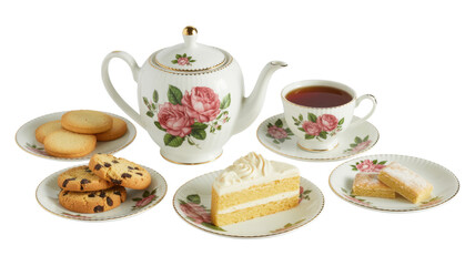Fototapeta premium Tea Set with Cookies and Cake teapot isolated on a transparent background