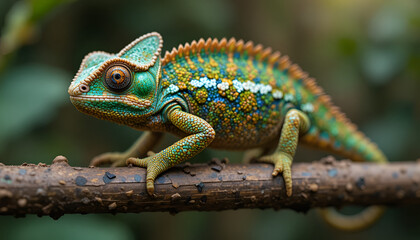 Fototapeta premium A vibrant chameleon perched on a tree branch in a lush green environment