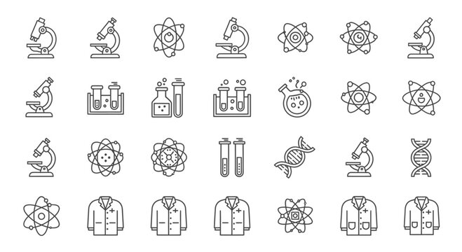 Black line art icons depicting science equipment and atomic structures