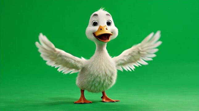 White Duck Flapping Wings on Green Background.