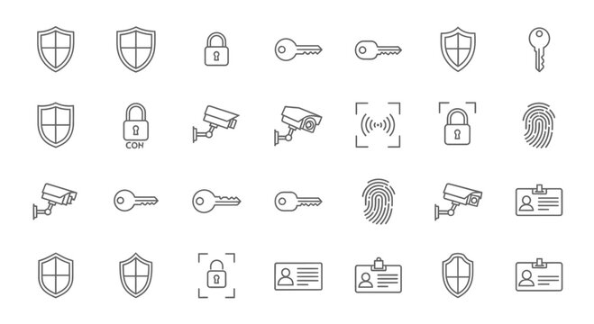 Black line icons depicting security items arranged in a grid