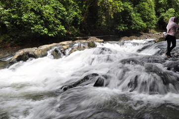 Fototapeta premium Fast flowing waterfall river rushing over dark rocks in lush green forest. The water appears white and foamy cascades uneven stones creating small rapids. 