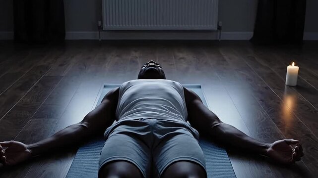 A muscular man performs corpse pose relaxation on a yoga mat with his arms outstretched near a single flickering candle in a dimly lit room.